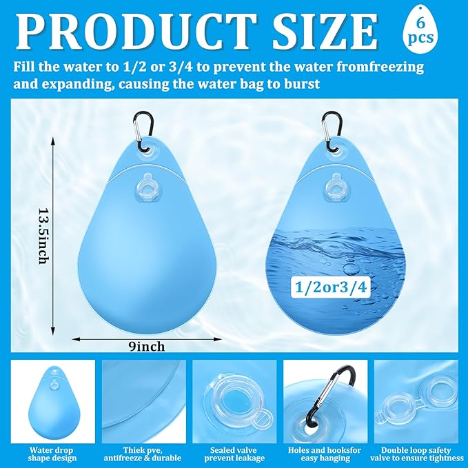 Hungdao 6 Pack Pool Cover Weights with Hooks Above Ground Hanging Water Bags Leakproof Thick PVC Swimming Pool Cover Tarp Weights Winter Antifreezing for Above Ground Closing Kit, 13.5 x 9 Inch