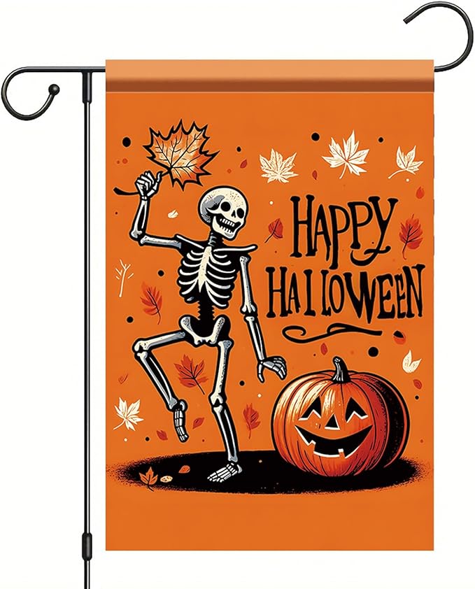 Halloween Garden Flag Skeleton Pumpkin Flag Outdoor Fall Yard Decor 12x18 Inch Double Sided Decorative Banner for Lawn Patio Holiday Party Decoration Spooky Autumn Seasonal House Flag