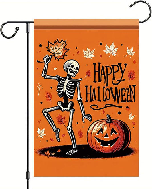 Halloween Garden Flag Skeleton Pumpkin Flag Outdoor Fall Yard Decor 12x18 Inch Double Sided Decorative Banner for Lawn Patio Holiday Party Decoration Spooky Autumn Seasonal House Flag
