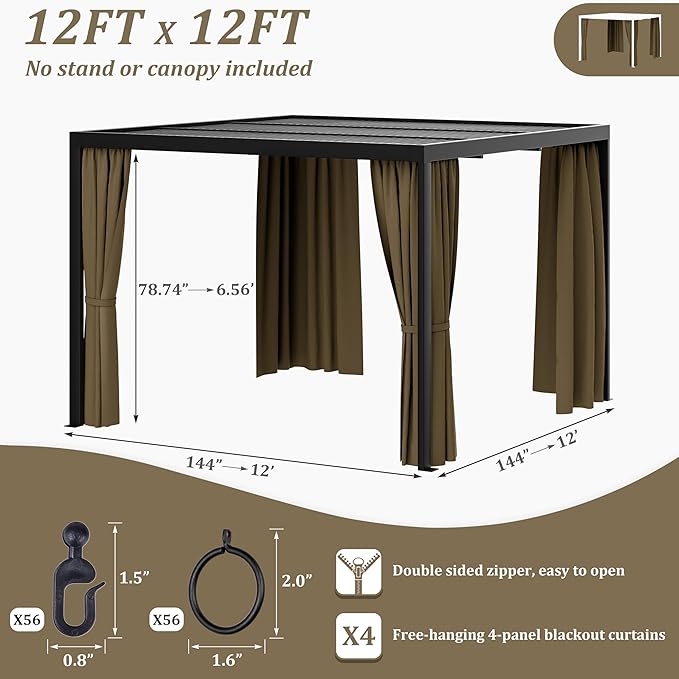 Gazebo Universal Replacement Privacy Curtain,12'×12' Gazebo Outdoor Waterproof Curtains, 4-Panels Sidewall Curtains with Double Zipper for Patio Canopy, Garden and Backyard (Curtain Only)