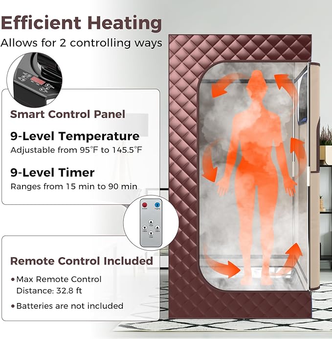 COSTWAY Portable Steam Sauna, Personal Home Sauna Tent w/ 3L Steam Generator, Foldable Chair, Remote Control, 9-Level Adjustable Temperature, Timer, Full-Size Indoor Steam Room for Home Spa (Coffee)