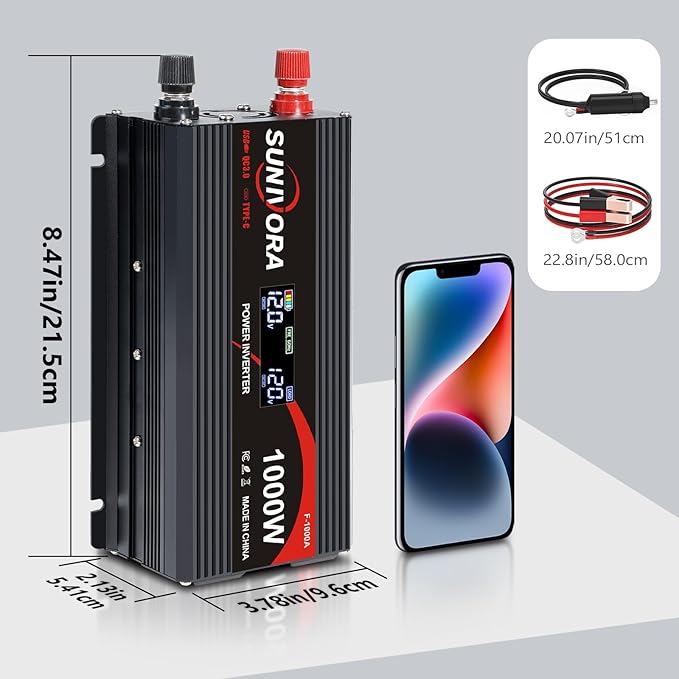 1000 Watt Inverter with LCD Display 12V DC to 110V/120V AC 2000 Watt(Peak) Car Power Inverter with 2 AC Outlets 20W PD USB-C and 18W QC USB-A Power Converter for Car, Laptops, Road Trip