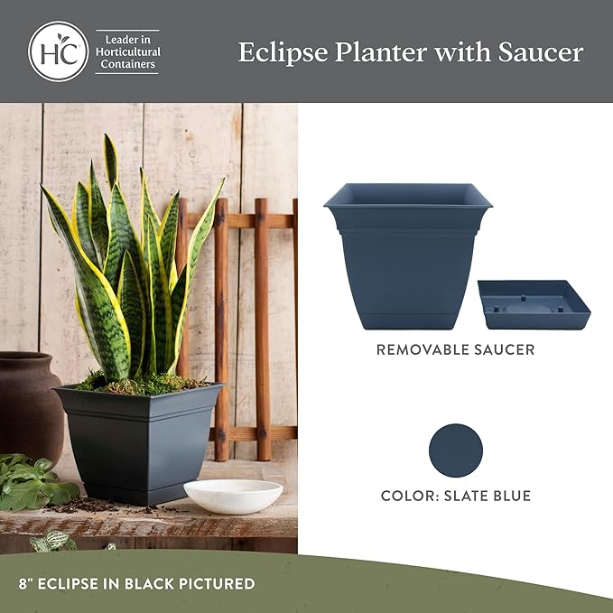 The HC Companies 10 Inch Eclipse Square Planter with Saucer - Indoor Outdoor Plant Pot for Flowers, Vegetables, and Herbs, Slate Blue