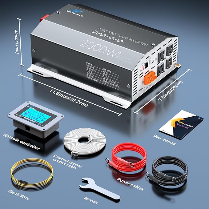 2000 Watt Pure Sine Wave Inverter 12v DC to 110v 120v AC Converter,4000W Peak Power Inverter with 4 AC Outlets,USB Port,Type-C,Remote Control LCD Display for Truck, RV, Vehicles, Solar Off-Grid