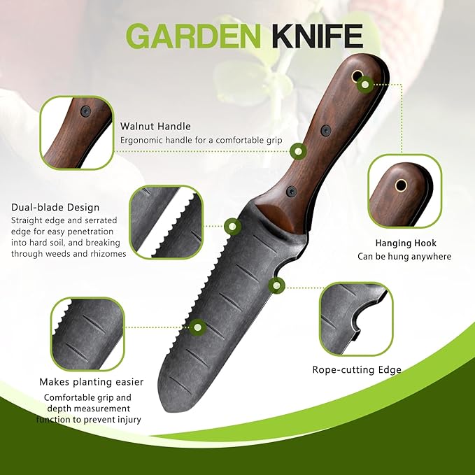 Gracfulcub Hori Hori Garden Knife with Sheath – 7" Full-Tang Stainless Steel Blade, Walnut Wood Handle, Dual Edge Weeding & Digging Tool for Gardening, Transplanting & Camping