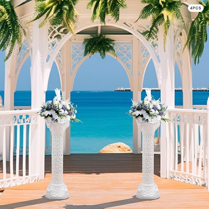 Roman Column Pedestal, Plastic White Columns for Weddings Indoor/Outdoor Roman Pillar Stand for Table Sculptures, Vase, Garden Decor (4PCS, 10.6 x 34.6 Inch Fretwork)