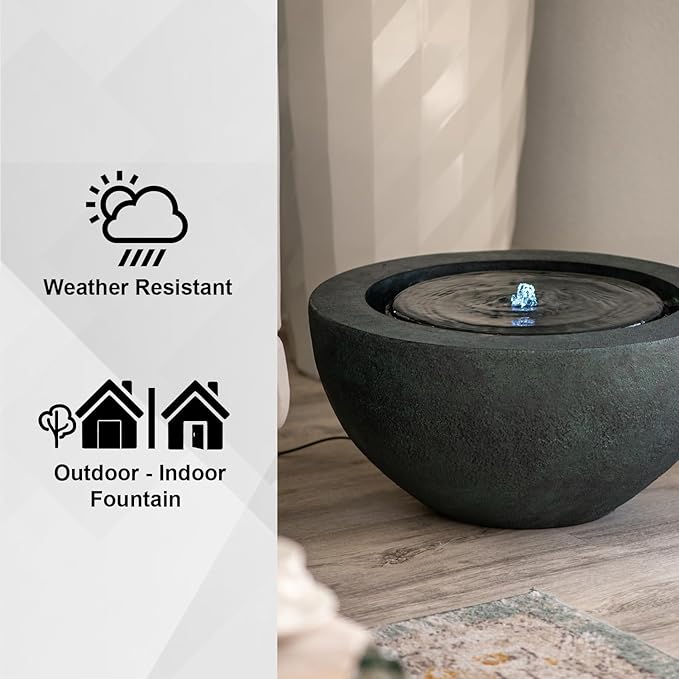 Xbrand 19.8" W Round Polyresin Indoor/Outdoor Sphere Water Feature w/LED Light, Garden Patio Fountain Decor, Dark Green, ALLS3542-2