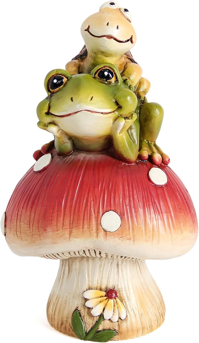 Leekung Turtle Riding Frog Sitting On Mushroom for Garden Decor, Frog Statue&Mushroom Figurines for Outdoor Garden Backyard Yard Porch Patio Lawn, Spring Decorations Gardening Gifts for Women Unique