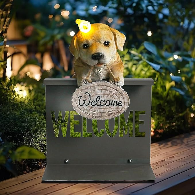 Garden Dog Statues with Solar Bird, Solar Labrador Puppy Statue with Welcome Fence Base Outdoor Sculptures Garden Decorations for Patio, Lawn, Yard, Housewarming Gifts for Mom Women Grandma