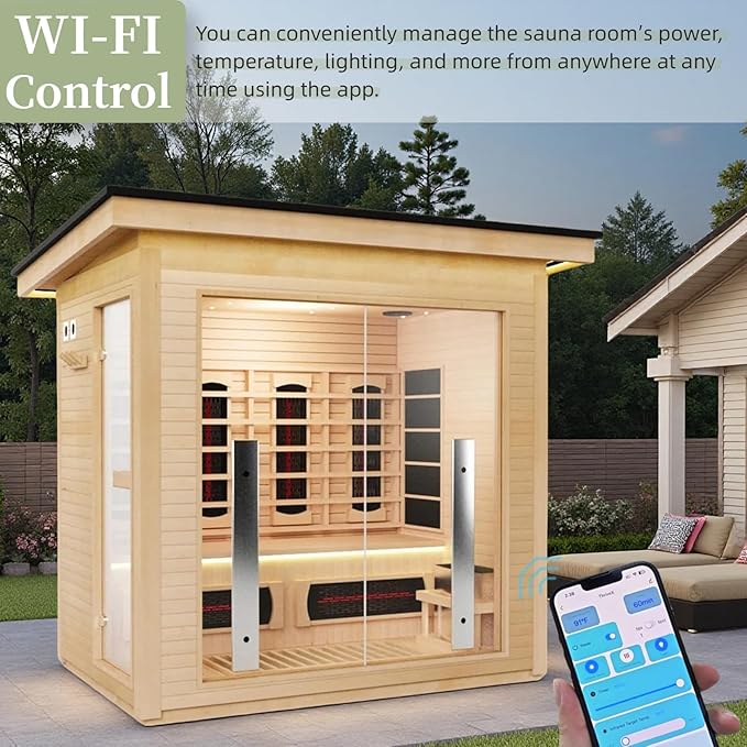 3-Person Far Infrared & Steam Dual-System Sauna Room, Outdoor Canadian Hemlock Wood Sauna, WiFi Control, Red Light Therapy, 11 Heaters& Electric Stove, Left Door, 220-240V