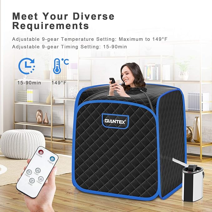 Giantex Portable Sauna, Sauna Box 3L Steam Box Remote Control, 9 Adjustable Temperature & Timer, Foot Roller, Mat & Foldable Chair, Steam Sauna for Single Person, Personal Sauna Tent for Home, Black