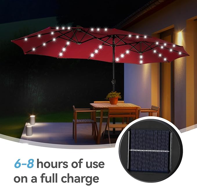 GREEN PARTY 15 ft Rectangle Patio Umbrella with Solar Lights and Base Included, Double-Sided Market Table Umbrella with Crank, Large Outdoor Umbrellas for Patio Poolside Garden Backyard, Burgundy Red
