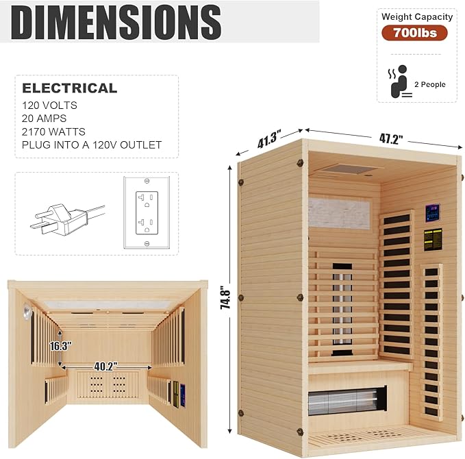 MEISSALIVVE Full Spectrum Sauna for Home, 1~2 Person Indoor Infrared Sauna Room with 10 Minutes Warm-up Heate, Canadian Hemlock Wood Home Infrared Sauna with Bluetooth and Tempered Glass