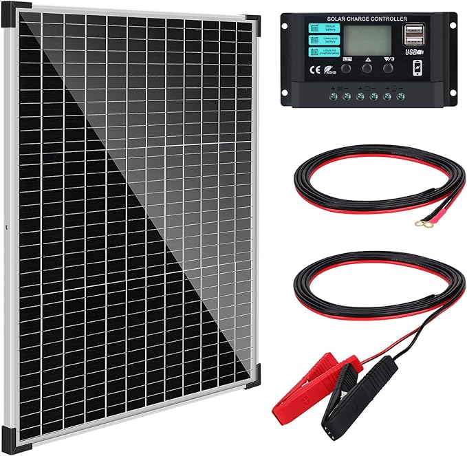 Solar Panel Kit 50W with 10A Charge Controller Monocrystalline Solar Panel Kit with Extension Cable for Car Roof RV Marine Rooftop Farm Battery and Other Off-Grid Applications