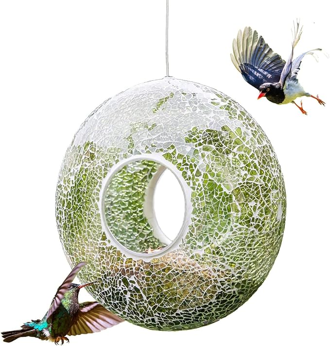 Fly Through Wild Bird Feeder Garden Hanging Bird Feeder Mosaic Circle for Outdoor Decoration,Green