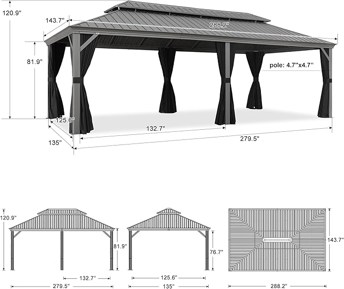 PURPLE LEAF 12' x 24' Outdoor Hardtop Gazebo with Netting and Curtains Galvanized Steel Double Roof and Aluminum Frames Permanent Wind Resistance Pavilion Gazebo for Patio Deck Garden, Light Grey