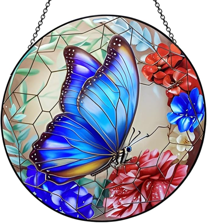12 Inch Stained Glass Window Hanging,Large Butterfly Suncatcher, Stained Glass Suncatcher, Butterfly Home Wall Art Decor for Indoor Window, Hand Multicolor Panel Sun Catcher
