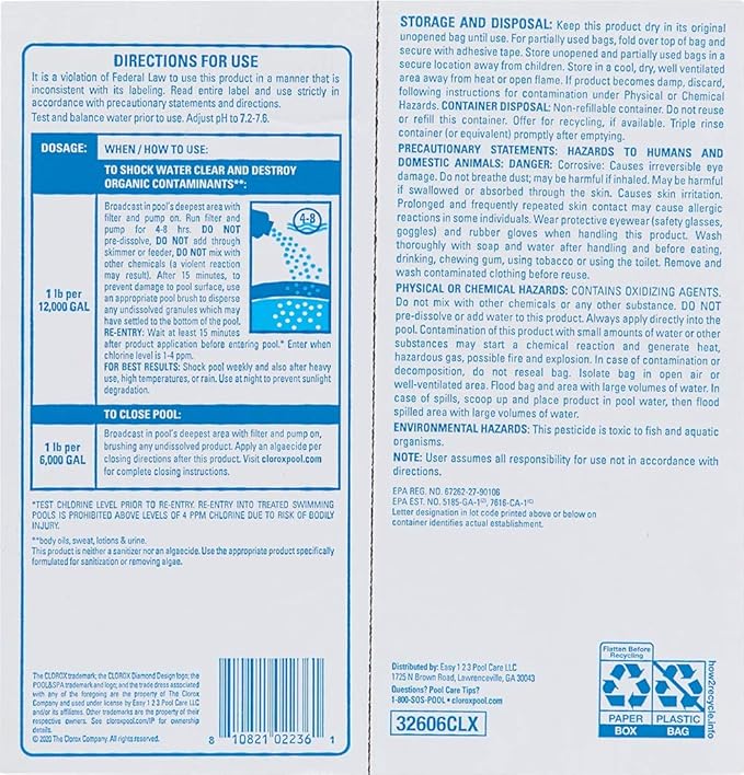 Clorox® Pool&Spa™ Shock Plus, for Crystal Clear Swimming Pool Water, Swim-ready in 15 minutes, Suitable for vinyl pools (6-Pack)