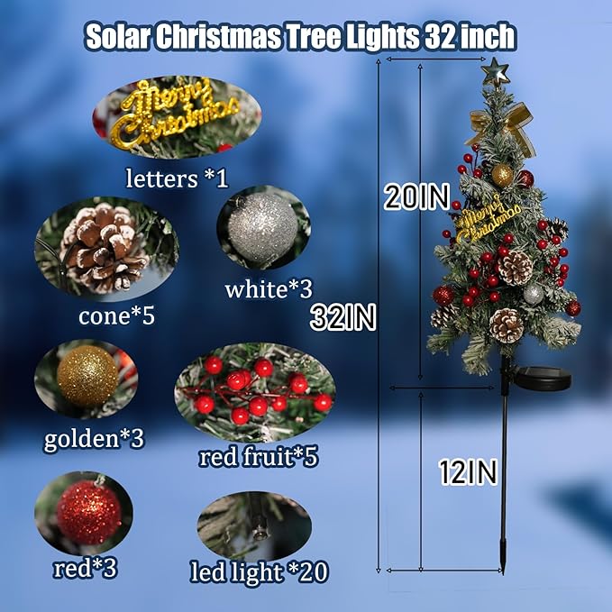 Solar Christmas Tree Outdoor Christmas Decorations,2 Pack 40 Led Light 2 Modes Outdoor Waterproof,Solar Powered XmasTree for Garden Yard Pathway Lawn Cemetery Decoration