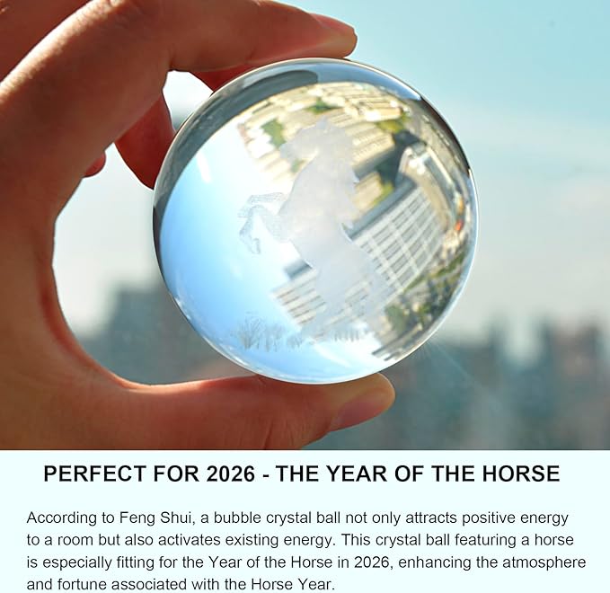Crystal Ball Glass Globe Decor - Chinese Horse Sphere with Stand & Gift Box, Clear Decorative Globe, 3D Crystal Ball for Home Decor Photography, Gazing Divination Fengshui Meditation, 2.3 inch/60mm