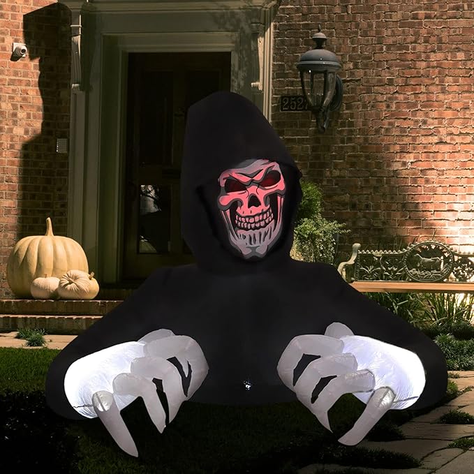 Haunted Hill Farm 5-ft. Reaper Blow Up Decoration with Lights, Halloween Outdoor Decorations for Patio and Yard, Giant Spooky Holiday Inflatable Decor