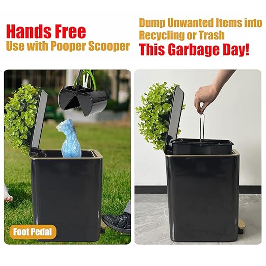Yatmung Small Metal Trash Can with Lid - Dog Poop Trash Can Outside with Pedal - 10 Liters Pet Waste Container Outdoor - Plant-Styled Poop Bucket - 2.6 Gal Stainless Steel Garbage Bin - Black and Gold
