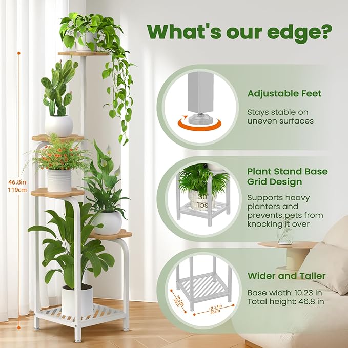 TOSKING 5 Tier Metal Plant Stand Indoor 48''H Tall ,Heavy Duty Plant Shelf , Corner Shelf Flower Pot Stand for Outdoor Plant Stand for Living Room Balcony Garden Patio Bedroom (5 Tier-White and Wood)