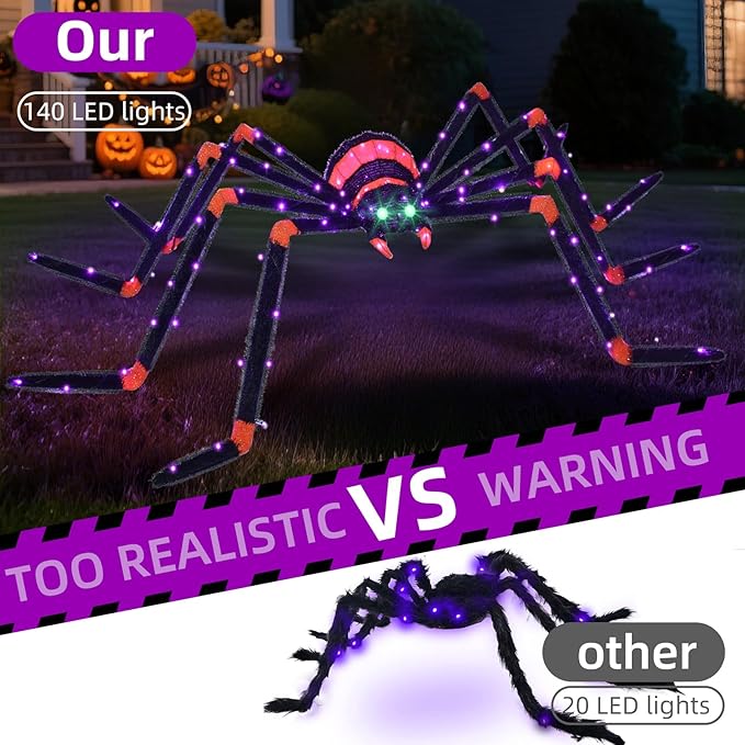 HOYECHI Halloween Decorations Giant Spider 6.8ft - Big Spider Holiday Decor Outdoor, Light Up Spider with 115 LED Lights for Front Yard Porch Gardens Party Outside Halloween Decorations - Black