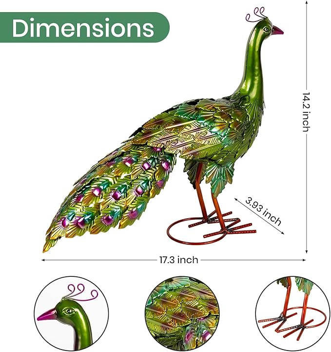 Peacock Yard Art Garden Decor Metal Peacock Outdoor Statue & Sculpture for Patio Lawn Backyard Outside Decorations Vibrant Multicolor, Green