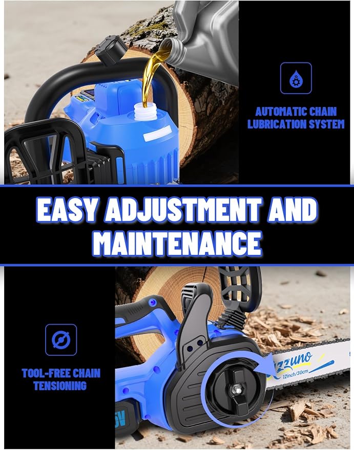 AZZUNO 12 Inch Electric Chainsaw Cordless With Tool-Free Chain Tensioning and Auto Lubrication, Brushless Battery Powered Chain Saw Kit For Tree&Wood Cutting,Battery and Charger Included.