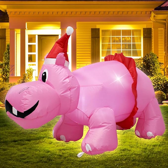 Christmas Inflatable Hippo 3.5ft Outdoor Decoration, Blow up Cute Pink Hippopotamus in Santa Hat and Red Dress with LED Lights, Suitable for Lawn Garden Party Holiday Easter Spring Decoration