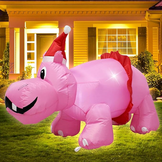 Christmas Inflatable Hippo 3.5ft Outdoor Decoration, Blow up Cute Pink Hippopotamus in Santa Hat and Red Dress with LED Lights, Suitable for Lawn Garden Party Holiday Easter Spring Decoration