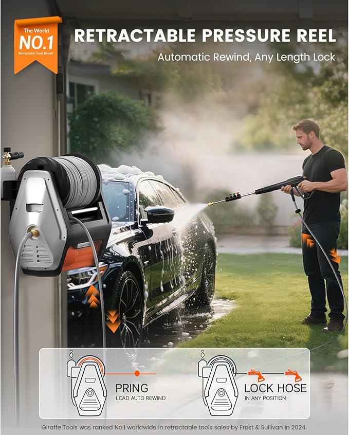 Giraffe Tools Wall Mounted Pressure Washer PRO with Upgraded 1800W Brushless Motor, Max 3700PSI Electric Power Washer with 100ft Detachable Hose for Car/Patios, Automatic Rewind, Any Length Lock