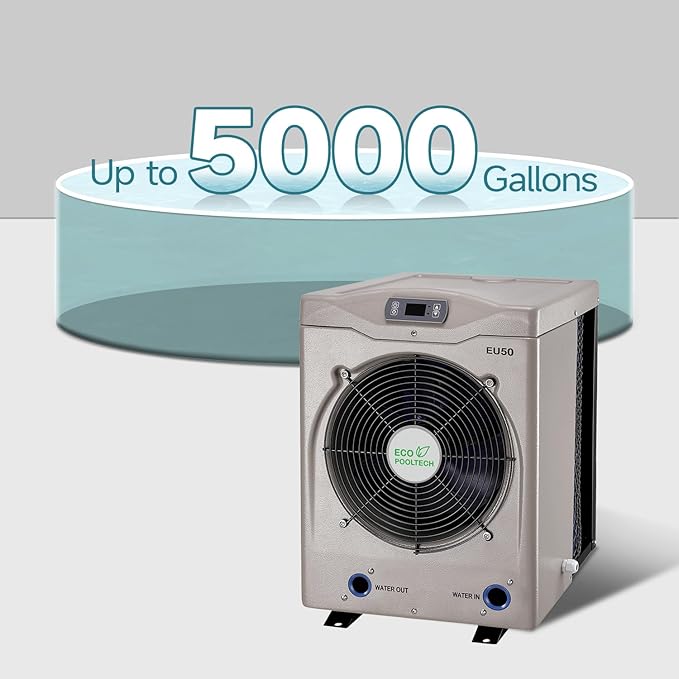 ECO POOLTECH EU50 Electric Pool Heater for Above Ground Pools Up to 5000gallons, Max16184BTU Swimming Pool Heat Pumps, 110V-120V/60Hz Plug-in Pool Warmer, High Efficiency