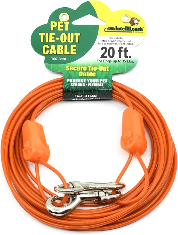 IntelliLeash 20FT Tie-Out Cables for Dogs - Strong, Safe, and Durable Dog Tie-Outs for Small Dogs up to 35 Pounds - Weather and Wear Resistant Galvanized Aircraft Cable for Outside Use