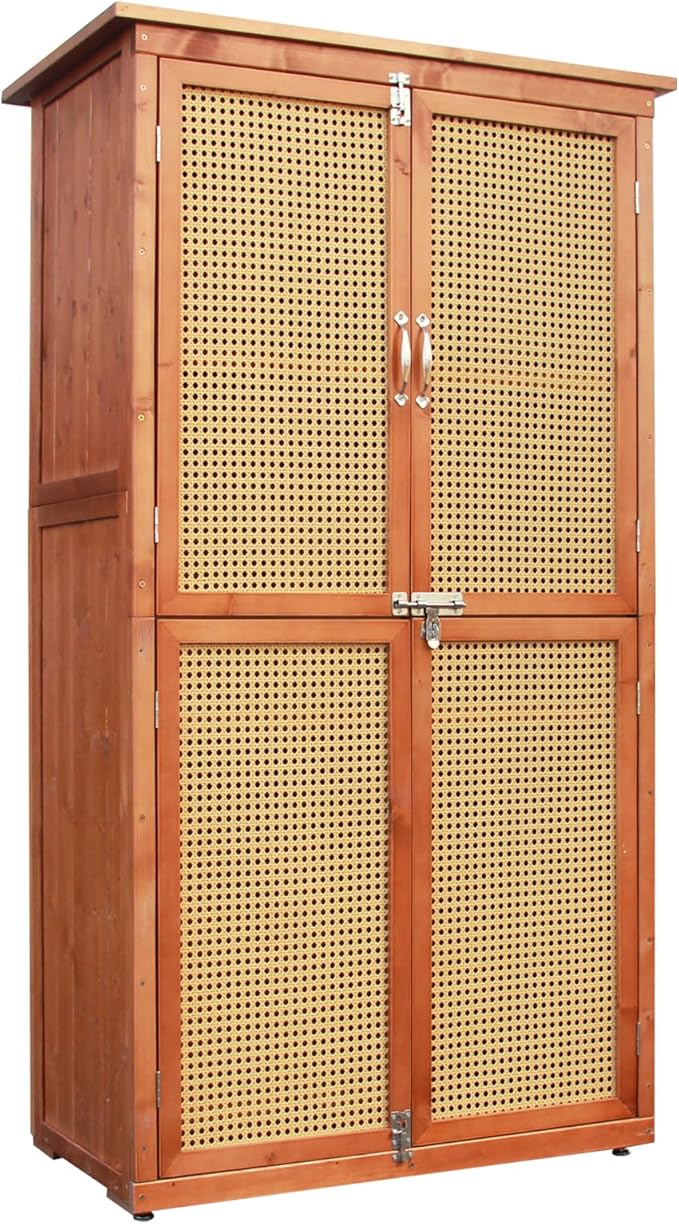 60 Inches Outdoor Storage Shed, Wood Shed with Rattan Indoor Storage Cabinet with Floor, Adjustable Shelves for Patio, Garden,Lawn and Living Room, Brown
