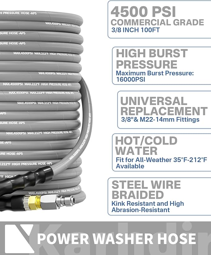 Pressure Washer Hose 100FT 3/8" for Cold and Hot Water 212°F, with Swivel Quick Connect, 4500PSI Kink Resistant Grade Steel Wire Braided, Power Washer Hose With 2pcs M22-14mm Adapter