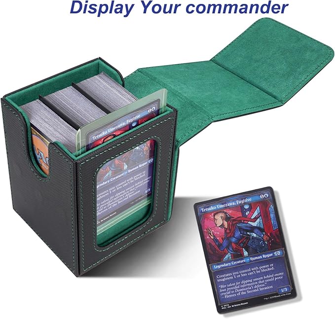 AFIING MTG Deck Box for Commander Display,Card Deck Box Fits 100 Double Sleeved Cards,Magic Commander TCG Card Storage Box with 2 Dividers,Dice Bag and Toploader Black Green