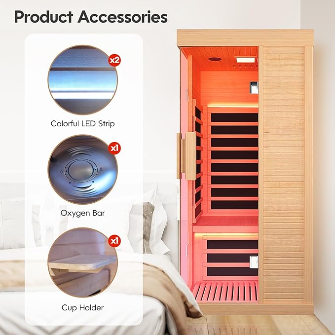 Sauna Room Indoor Far Infrared Saunas Home Canadian Hemlock 1420W Low-EMF Dry Saunas Single Person Spa with Oxygen Bar 7 Color Therapy 33.5 * 33.5 * 70.8 inch
