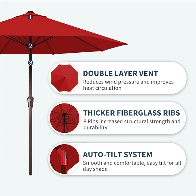 PatioKingdom Auto-Tilt 9FT Patio Umbrella Outdoor with 8 Sturdy Fiberglass Ribs,Market Table Umbrella for Pool,Backyard,Deck and Garden