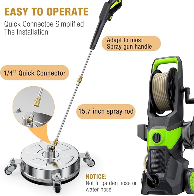 16" Pressure Washer Surface Cleaner with 4 Wheels, Stainless Steel Housing, 4000 PSI Max, 3 Connect Nozzles & 2 Extension Wands, Pressure Washer Surface Cleaner for Concrete, Patios, Sidewalks
