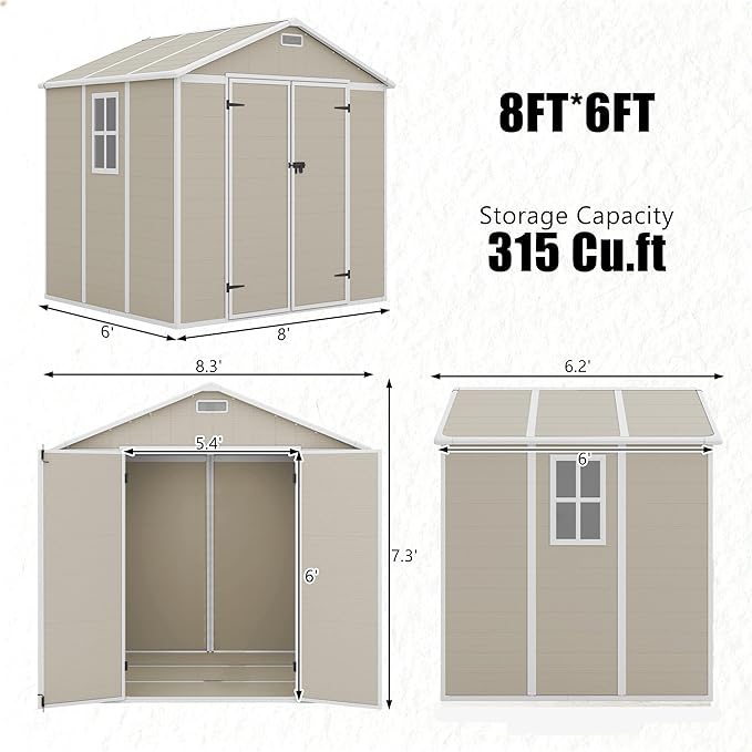 Outdoor Shed 5x3/6x4/7x7/8x6/8x10/8x12 FT, 15MM Thick PP Resin Plastic Shed with Lockable Door & Floor - Waterproof Plastic Tool Shed for Bike, Garbage Can, Backyard, Patio ﻿ ﻿ (Light Brown, 8x6FT)