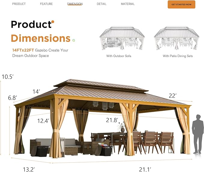 YOLENY 14' x 22' Hardtop Gazebo Wood-Looking Aluminum Frame Pergola with Galvanized Steel Double Roof, Outdoor Permanent Metal Pavilion with Netting and Curtains for Lawns，Deck and Backyard