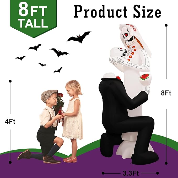 Halloween Inflatables Giant 8Ft Tall Skeleton Couple Day of The Dead Outdoor Decorations, Spooky Blow Up Skull Lovers Yard Decor Built-in 10 LED Lights for Outside Party Lawn Garden