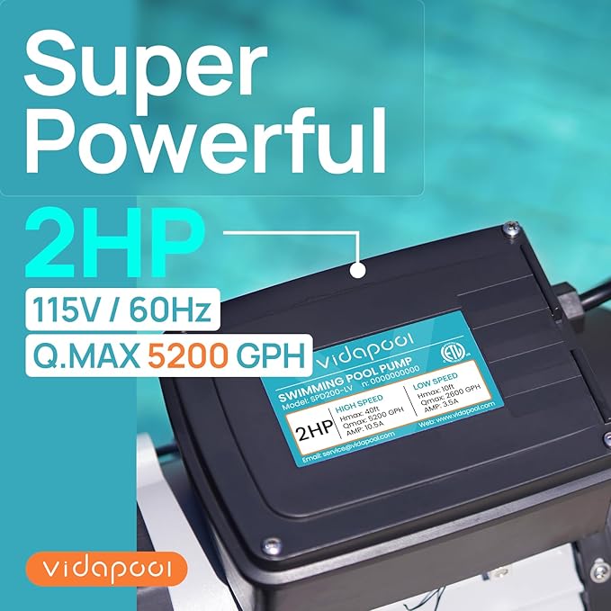 In/Above Ground Pool Pump, Self Primming High Flow (Dual Speed, 2HP, 5200 GPH, 115V)