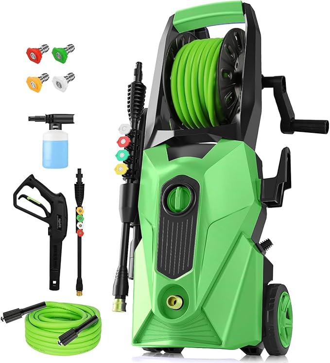 Pressure Cleaner 5000 PSI,2.8 GPM Power Cleaner with Foam Cannon,Portable Cleaner with 33ft Hose Reel,4 Nozzle Tips,and Soap Bottle for Cars/Home/Driveways/Patios/Decks/Fences(Dark Green)