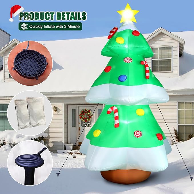 FunFanso 10FT Christmas Tree Inflatables Outdoor Decorations with LED Lights, Giant Blow Up Christmas Tree Yard Decor with Star Treetop & Colorful Candy for Xmas Holiday Party Garden Patio Lawn Decor