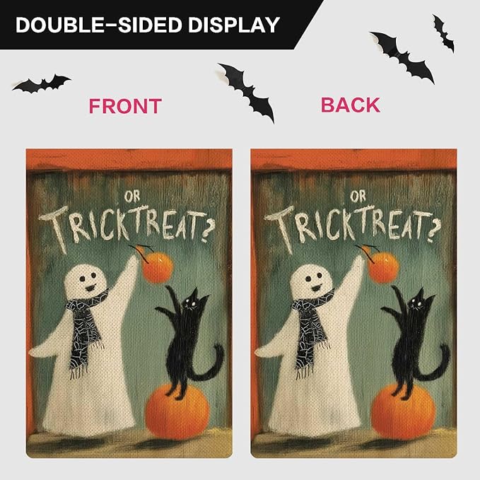 Trick or Treat Garden Flag Ghost Teasing Black Cat Holiday Garden Flag Pumpkins Vertical Double Sided Rustic Farmland Burlap Yard Lawn Outdoor Decor 12.5x18"