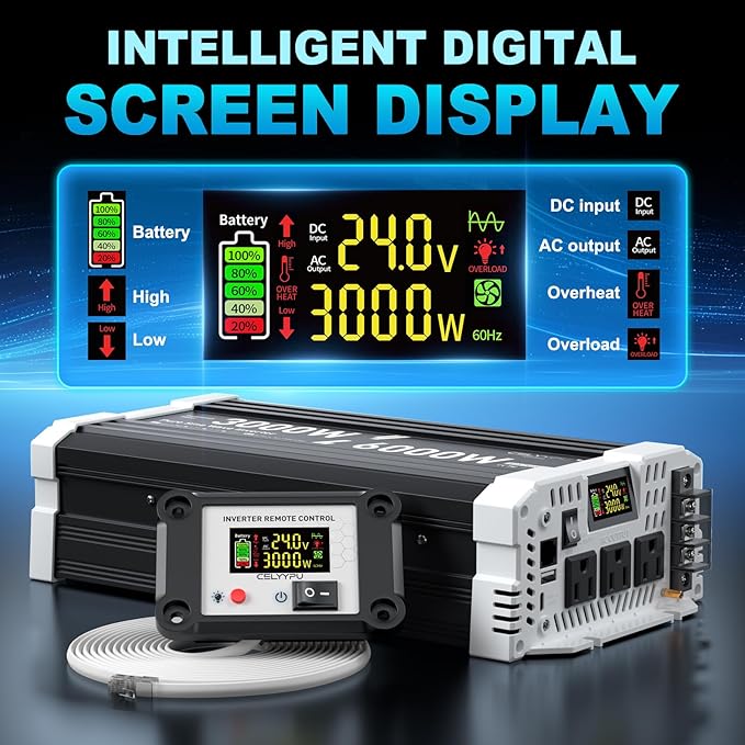3000 watt Pure sine Wave Inverter, 24V DC to 110V AC Power Inverter, Used for Solar Emergency Power Supply in RV Homes, with 3 AC Output sockets, USB Port, Type-C Port, Remote Control with LCD Screen