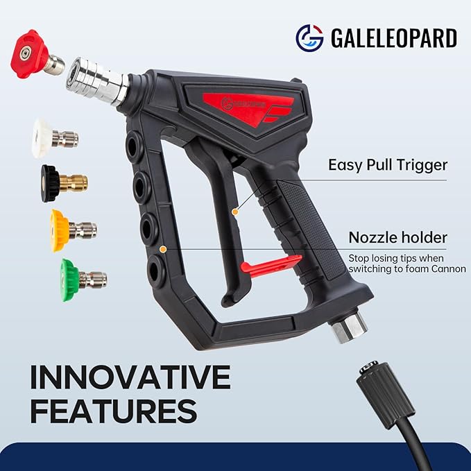 Short Pressure Washer Gun,5000 PSI High Power Washer Gun with 5 Spray Nozzle Tips, 3/8" Quick Connect Plug and M22-14/15mm Fittings, Compatible with Foam Cannon, Nozzle Tips Holder